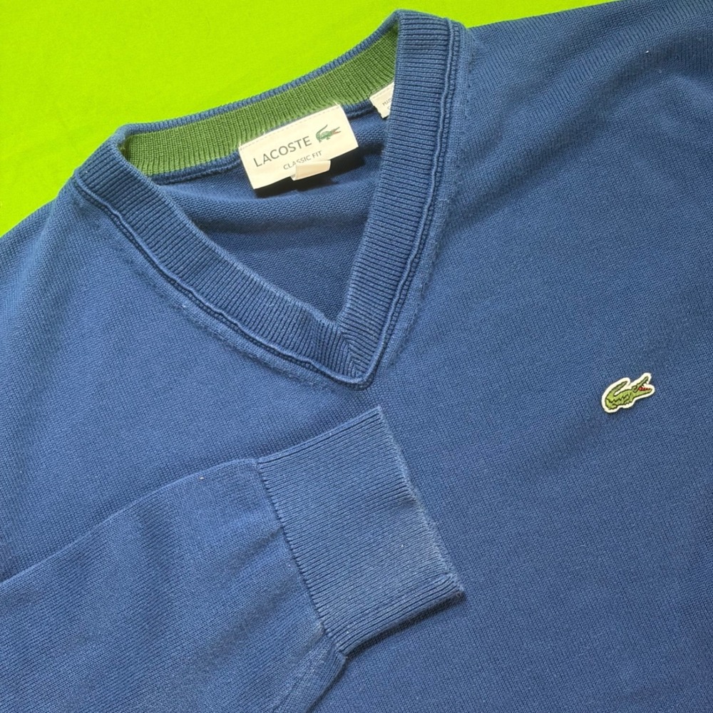 Lacoste V-Neck Sweater Mens L Blue Cotton Classic Fit Crocodile Logo Pullover LS